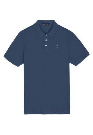 Granatowa koszulka polo z krótkim rękawem, trzema guzikami i małym białym, haftowanym logo golfisty na lewej piersi.