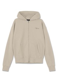 Beige zip-up hettegenser laget av mykt materiale, med snøring i hetten, to frontlommer og diskret logo broderi på brystet.