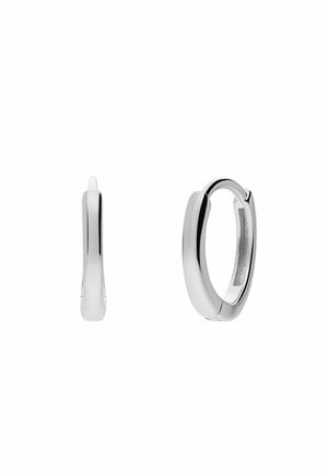 Pair of polished silver hoop earrings, one shown front-facing and the other side-facing, isolated on white background.