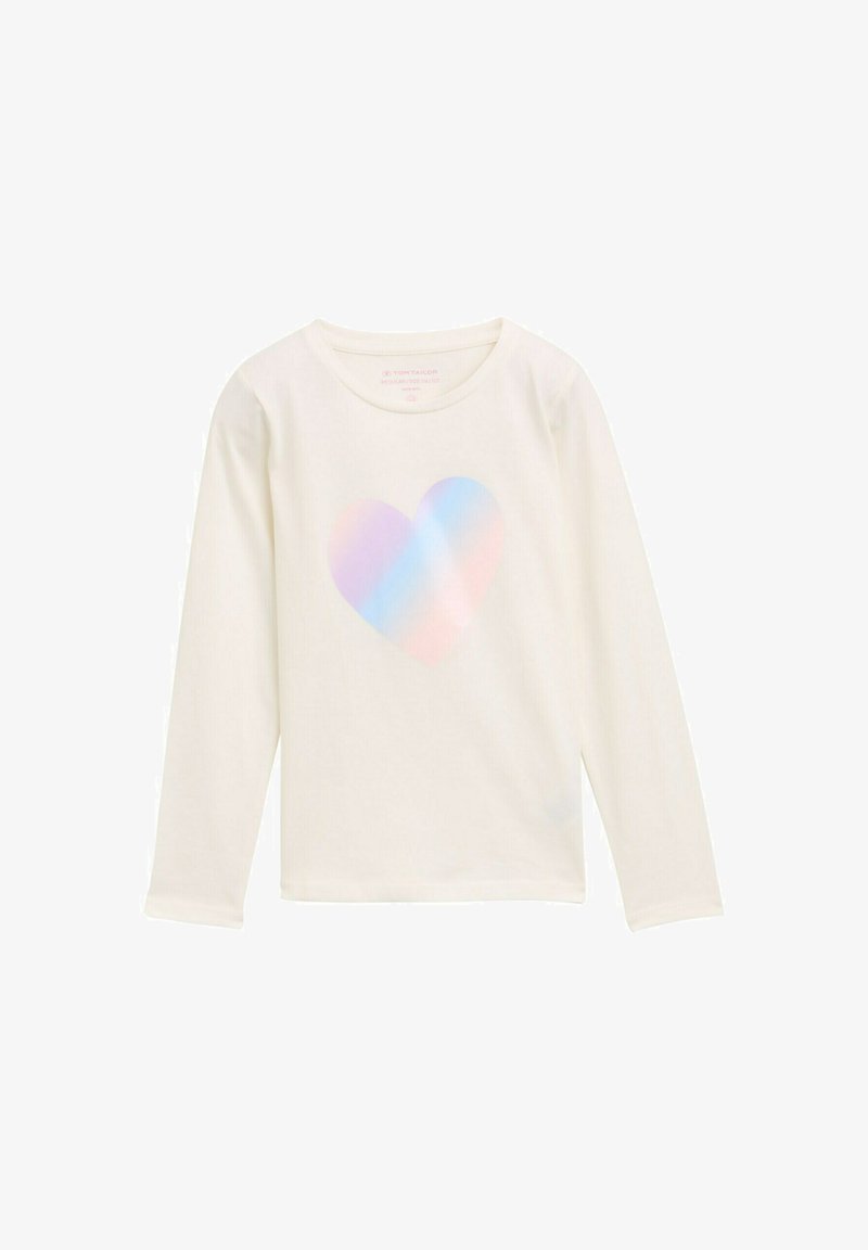 Langärmliges cremefarbenes Shirt mit einem großen, schillernden Herzdesign auf der Vorderseite. Weicher Stoff und runder Ausschnitt. Keine sichtbaren Logos oder Akzente.