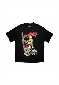 Black short-sleeve t-shirt made from cotton featuring a graphic print of a woman and guitar with the text "Van Halen" and "Running with the Devil."