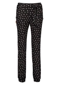 Svarta byxor gjorda av lätt tyg, med ett upprepande mönster av små rosa fåglar, med knytband i midjan och elastiska muddarna.