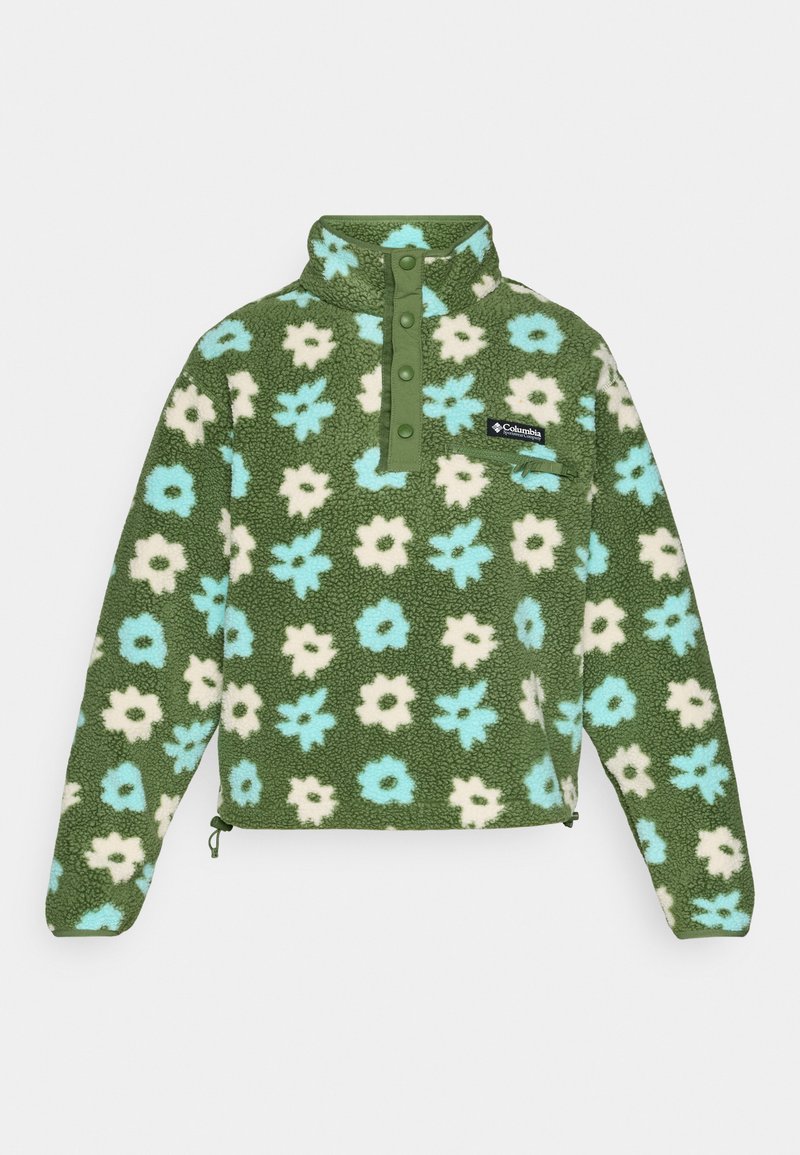 Pullover in pile verde con colletto a scatto, caratterizzato da un motivo floreale in blu e bianco. Include un orlo con cordoncino regolabile e una tasca sul petto.