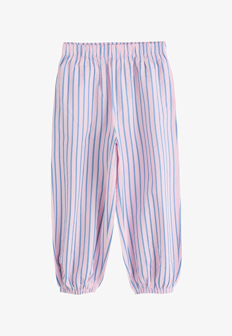 Pantalon ample rose avec des rayures verticales bleues, taille élastique et poignets élastiques froncés aux chevilles.