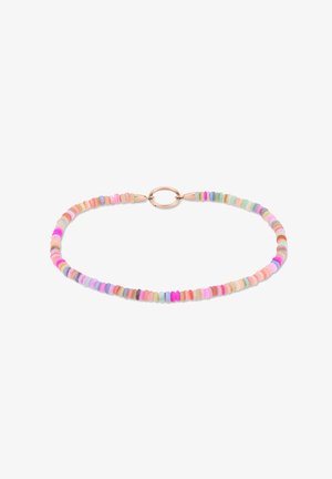 Bunte Perlenkette mit kleinen, flachen Scheiben in Pastellfarben wie Rosa, Lila und Mint, mit einem metallischen Verschluss.