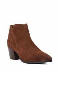 Bottines en suede marron avec un bout pointu, des coutures courbes et un talon en bois épais. Texture douce sans matériel ou accents visibles.