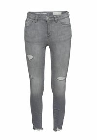 Szare skinny jeans z przetarciami, charakteryzujące się wysokim stanem, postrzępionym dołem i tradycyjnym pięciopocketowym krojem. Wykonane z denimu.