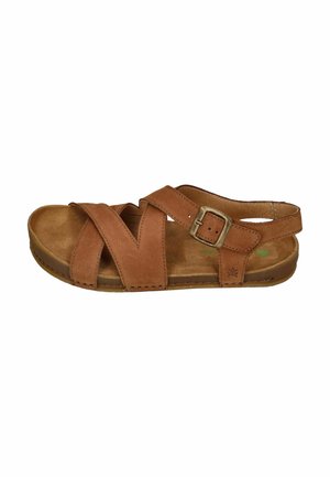 Brown leather sandal with crisscross straps, adjustable metal buckle, and cushioned sole, designed for casual wear.