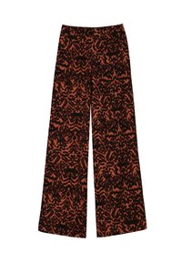Pantalons à jambes larges en tissu texturé avec un imprimé floral noir et rouille audacieux. La ceinture est lisse, sans fermetures visibles.
