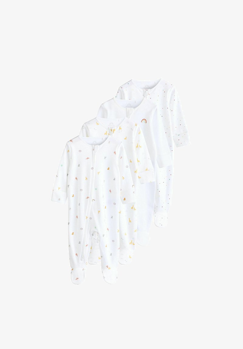 Neli valget beebide uneülikonda, millel on erinevad mustrid: värvilised loomad, täpid ja vikerkaare disain. Pikad varrukad ja jalgadega.