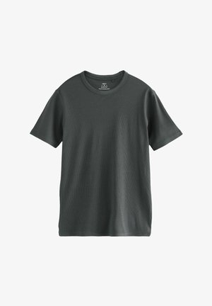 T-shirt grigio scuro a maniche corte realizzato in tessuto a coste con scollo rotondo. Finitura liscia e vestibilità comoda. Nessun motivo o accento visibile.