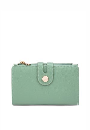 Mintgroene leren portefeuille met een textuurafwerking, een ritssluiting en een ronde goudkleurige hardwareaccent aan de voorkant.