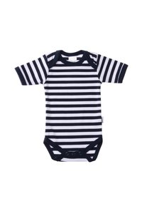 Navy and white striped short-sleeve bodysuit with a rounded neckline and snap closures at the bottom. Soft cotton material, stretchy fit.