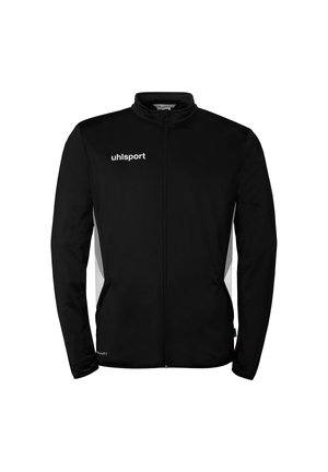 Veste de sport noire zippée avec logo blanc "uhlsport" sur le côté gauche de la poitrine et des rayures latérales discrètes, dotée de manches longues et d'un col montant.