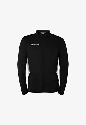 Veste de sport noire zippée avec logo blanc "uhlsport" sur le côté gauche de la poitrine et des rayures latérales discrètes, dotée de manches longues et d'un col montant.