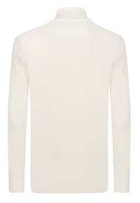 Pull-over blanc à col montant et manches longues. Doté de poignets et d'un ourlet côtelés, texture lisse. Aucun motif ou accent visible.