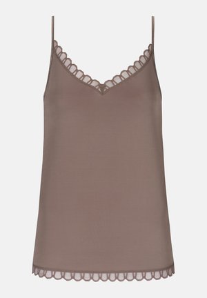 Brown camisole with adjustable spaghetti straps, featuring a scalloped lace trim along the neckline and hem, made from soft, smooth fabric.