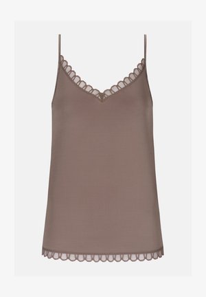 Bruine top met verstelbare spaghettibandjes, voorzien van een scalloped kantafwerking langs de halslijn en de zoom, gemaakt van zachte, gladde stof.