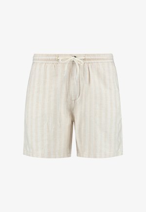 Vaaleanbeige lyhyet housut, joissa on pystysuorat raidat, joustava vyötärönyöri ja sivutaskut, valmistettu teksturoidusta kankaasta.