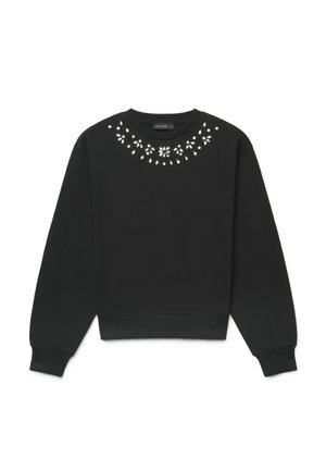 Schwarzes Sweatshirt mit langen Ärmeln, rundem Ausschnitt und dekorativem weißem floralen Cutout-Muster entlang des Halsausschnitts.