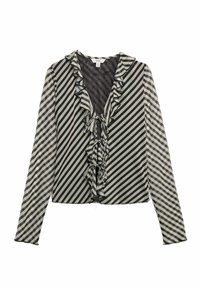 Blusa a maniche lunghe con scollo a V, a strisce diagonali bianco e nero, bordi frontali arricciati e chiusure a fiocco centrali.