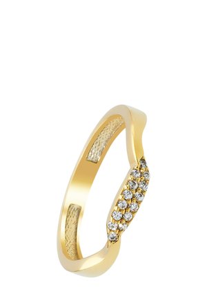 Gold ring featuring a smooth, rounded band with a wavy design and a row of small, clear stones along one side.