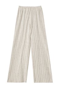 Pantalon à jambes larges de couleur beige clair avec de fines rayures verticales. Il présente une taille élastique et un tissu texturé.