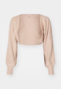 Cardigan cropped beige con maniche lunghe a palloncino e polsini a coste, realizzato in morbido tessuto a maglia testurizzato.