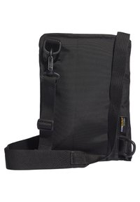 Černá nylonová crossbody taška s nastavitelným popruhem, obdélníkového tvaru, vybavena klipem a kovovými doplňky. Vyrobena z odolného materiálu Cordura.