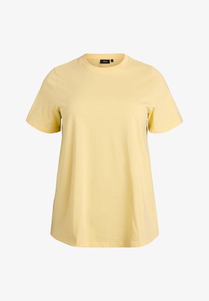 Kollane lühikeste varrukatega puuvillane t-särk ümmarguse kaelusega ja kergelt lahtise lõikega, krael silt nimega "Zizzi".