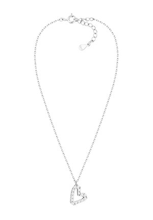 Silver chain necklace featuring a heart-shaped pendant embellished with clear crystals, and an adjustable clasp for length customization.