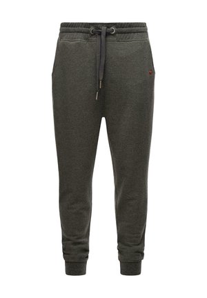 Dark gray sweatpants made of soft fabric, featuring an elastic waistband with a drawstring, side pockets, and ribbed cuffs.