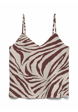 Mouwloos V-hals hemdje met dunne bandjes, voorzien van een bruin-beige zebraprint op lichtgewicht stof.