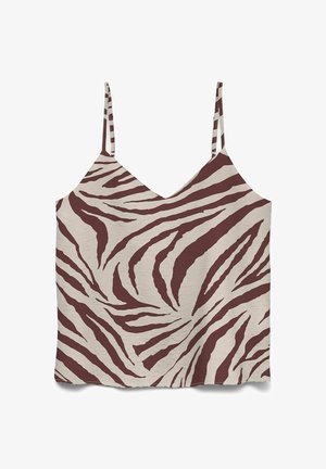 Ærmeløs V-udskåret camisole med tynde stropper, med et brunt og beige zebra-stribet mønster på letvægtsstof.