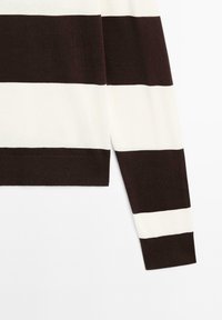 Dark brown and cream-striped knit sweater with a ribbed hem and cuffs; smooth texture and classic design.