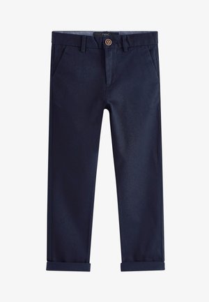 Pantaloni bleumarin cu croială dreptă, cu nasture și fermoar, buzunare laterale, bucle pentru curea și tiv rabatabil.