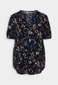 Svart topp med ett blommönster i flera färger. Korta puffärmar och V-ringning. Mjukt tyg med en avslappnad passform.