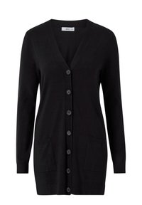 Svart långärmad cardigan med V-ringning, sju knappar fram, två framfickor och ribbade ärmslut och nederkant.