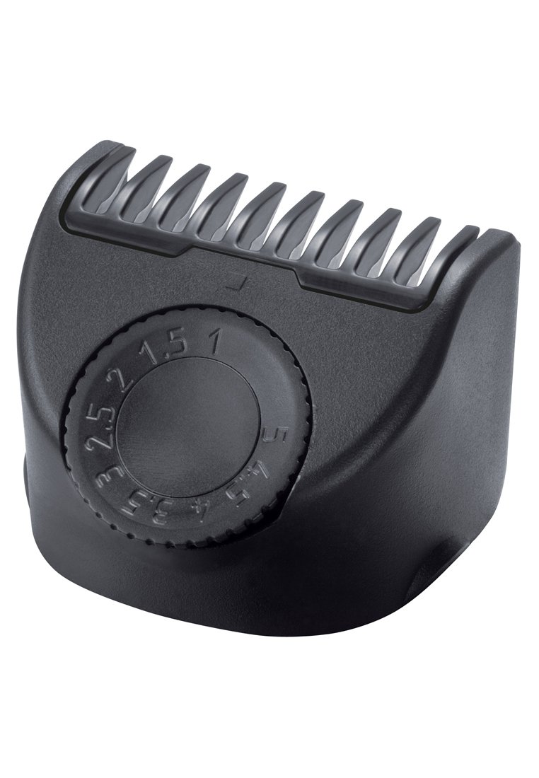 Guardián de clipper negro de plástico con un dial redondo ajustable. Presenta seis dientes puntiagudos espaciados uniformemente y números que indican las configuraciones de tamaño.