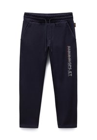 Marineblå bomulds-sweatpants med elastisk talje, snøring, to sidelommer og trykte logo-detaljer på venstre ben.