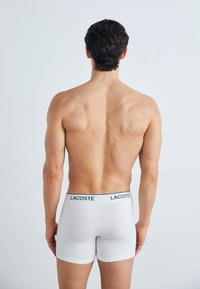 Fehér pamut boxer alsónadrág fekete Lacoste logós derékkal. Szoros illeszkedésű, anyaga sima tapintású. Hátulról nézve.