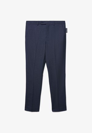 Marineblaue Hosen mit einem strukturierten Muster, ausgestattet mit einem Bund, Gürtelschlaufen und zwei Vorderfalten. Hergestellt aus einem gewebten Stoff.