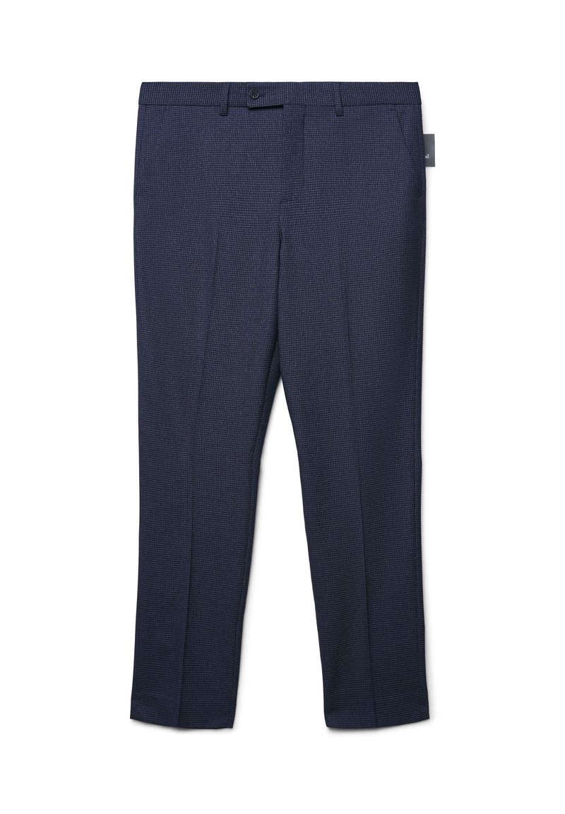 Marineblaue Hosen mit einem strukturierten Muster, ausgestattet mit einem Bund, Gürtelschlaufen und zwei Vorderfalten. Hergestellt aus einem gewebten Stoff.