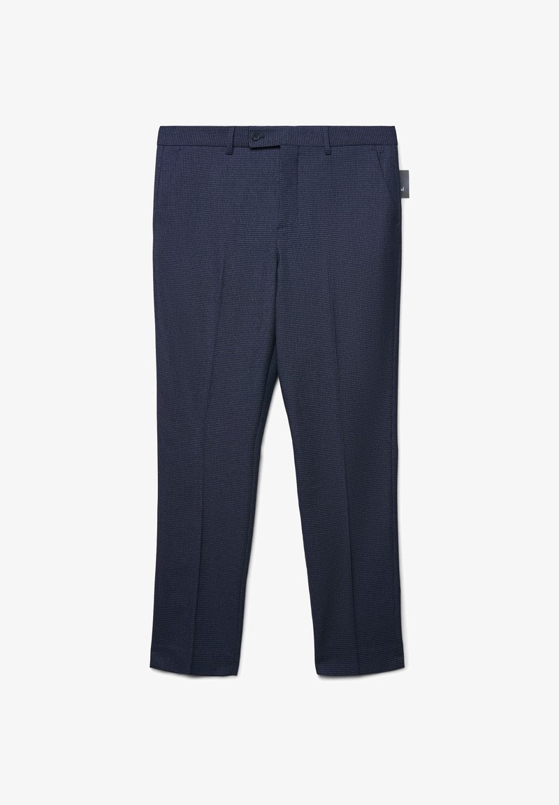 Pantaloni blu navy con un motivo a trama, dotati di una vita, passanti per cintura e due pince frontali. Realizzati in un tessuto tessuto.