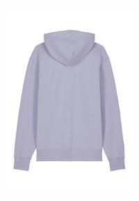 Pullover-Hoodie in hellem Lavendel, mit Kapuze, langen Ärmeln und einer weichen, glatten Textur. Keine sichtbaren Logos oder Muster.