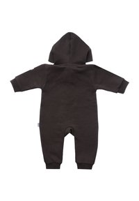 Brown hooded baby overall made of soft fabric, featuring long sleeves, elastic cuffs, and a rounded hood. No front design details visible.