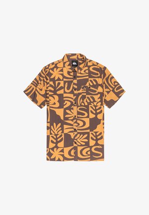 Koszula z krótkim rękawem w kolorach pomarańczowym i brązowym, z geometrycznym i botanicznym wzorem, z kołnierzykiem i przednią kieszenią z zapięciem na guzik.
