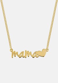 Goldkette mit dem Wort "mama" in geschwungener Schriftart und einem Herzakzent, an einer zarten Gliederkette.