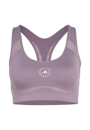Stanik sportowy w stonowanym lawendowym kolorze o gładkiej teksturze. Ramiączka z krzyżującym się tyłem oraz siateczkowe panele zwiększają przewiewność. Z przodu znajduje się okrągłe logo.