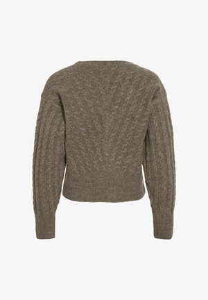 Bruine kabelgebreide trui met een V-vormig ontwerp op de achterkant, geribbelde zoom en gestructureerde mouwen. Zacht materiaal met een dikke textuur.